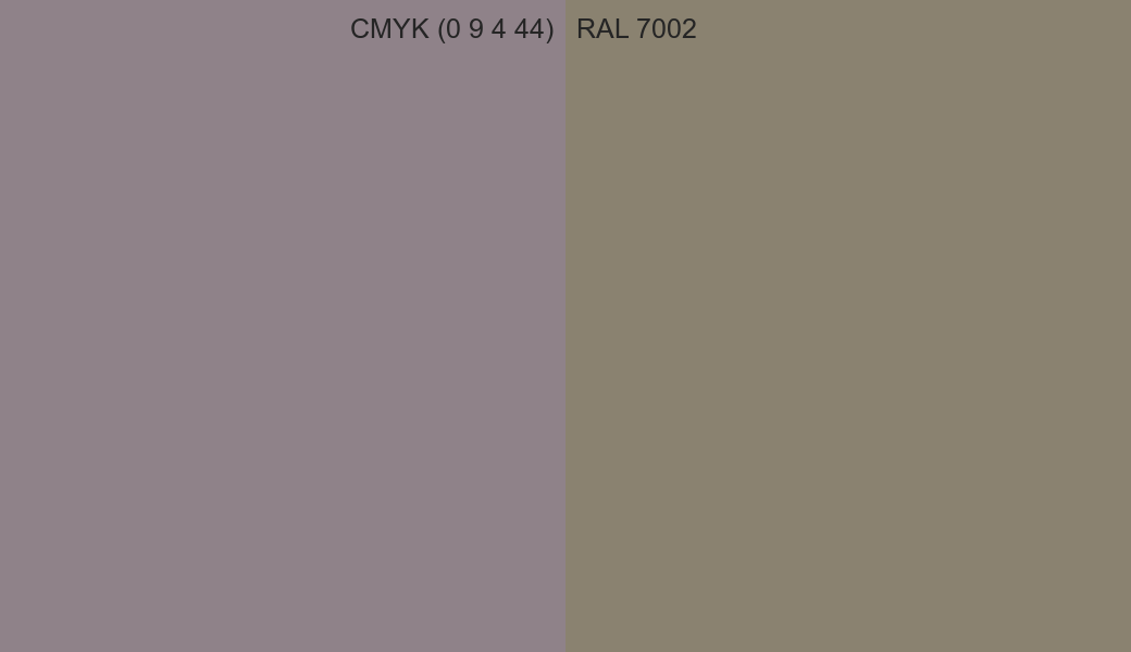 CMYK Color CMYK (0 9 4 44) vs RAL 7002 side by side comparison CMYK Color CMYK (0 9 4 44) vs RAL 7002 side by side comparison