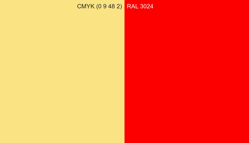 CMYK Color CMYK (0 9 48 2) vs RAL 3024 side by side comparison CMYK Color CMYK (0 9 48 2) vs RAL 3024 side by side comparison
