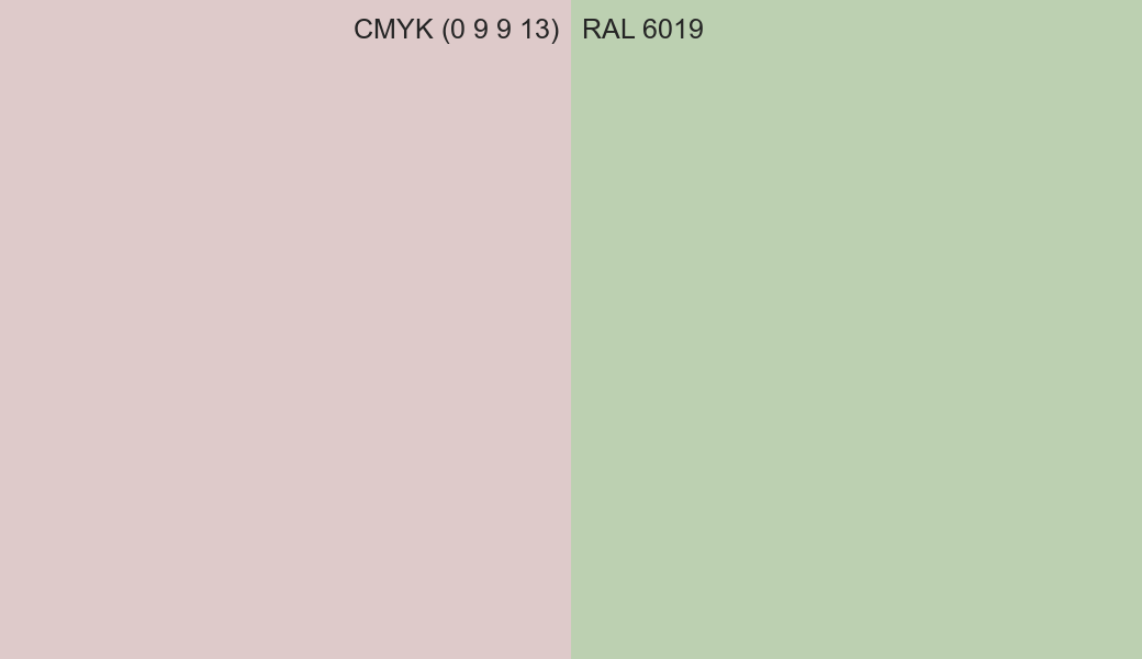 CMYK Color CMYK (0 9 9 13) vs RAL 6019 side by side comparison CMYK Color CMYK (0 9 9 13) vs RAL 6019 side by side comparison
