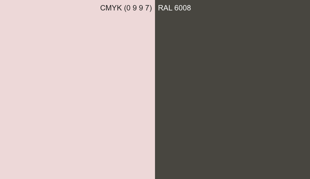 CMYK Color CMYK (0 9 9 7) vs RAL 6008 side by side comparison CMYK Color CMYK (0 9 9 7) vs RAL 6008 side by side comparison