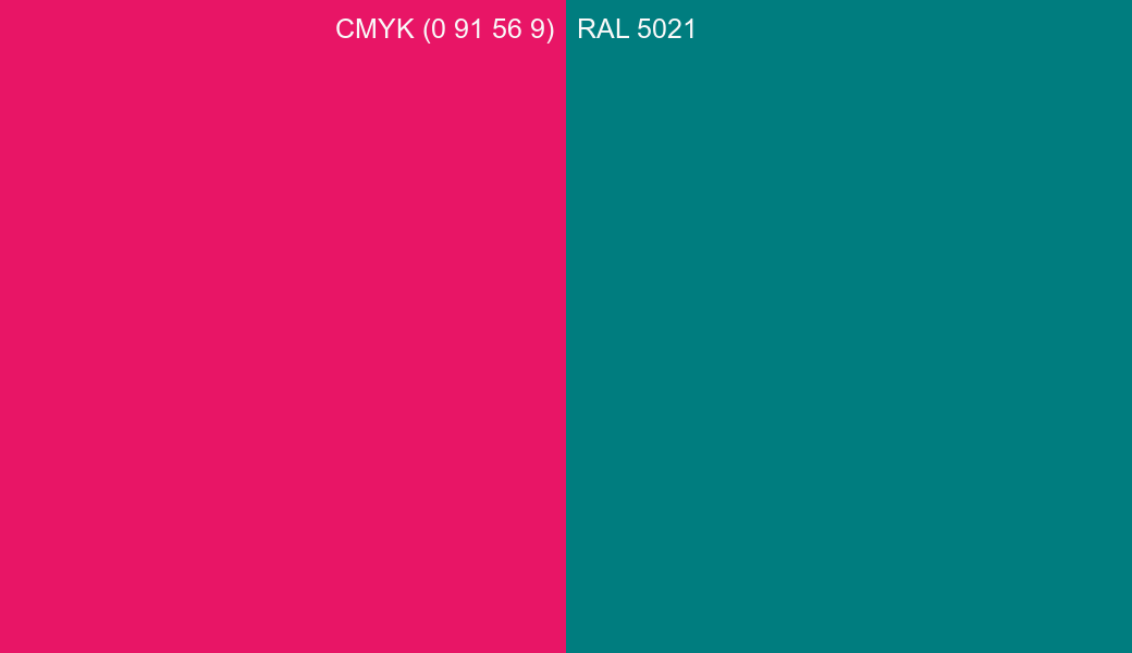CMYK Color CMYK (0 91 56 9) vs RAL 5021 side by side comparison CMYK Color CMYK (0 91 56 9) vs RAL 5021 side by side comparison