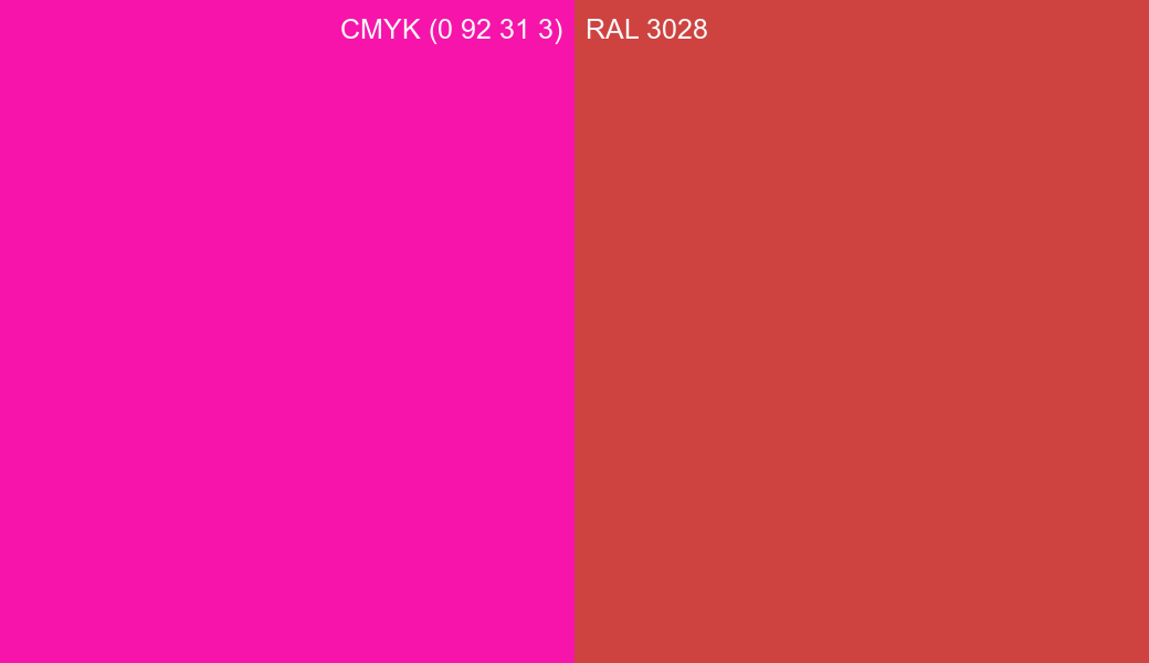 CMYK Color CMYK (0 92 31 3) vs RAL 3028 side by side comparison CMYK Color CMYK (0 92 31 3) vs RAL 3028 side by side comparison