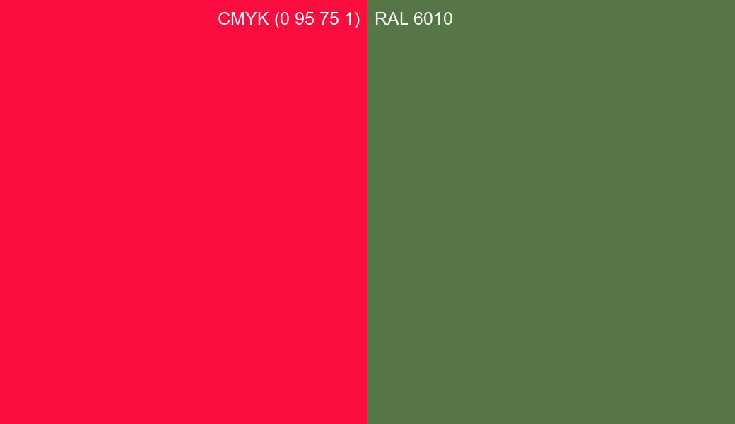 CMYK Color CMYK (0 95 75 1) vs RAL 6010 side by side comparison CMYK Color CMYK (0 95 75 1) vs RAL 6010 side by side comparison