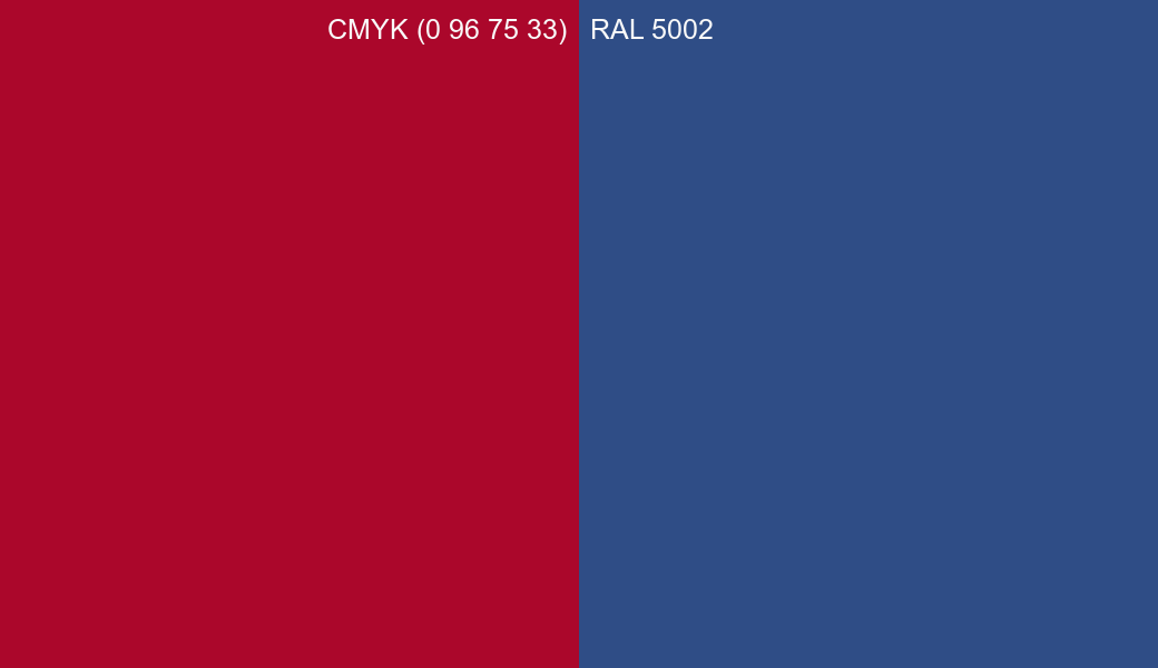 CMYK Color CMYK (0 96 75 33) vs RAL 5002 side by side comparison CMYK Color CMYK (0 96 75 33) vs RAL 5002 side by side comparison