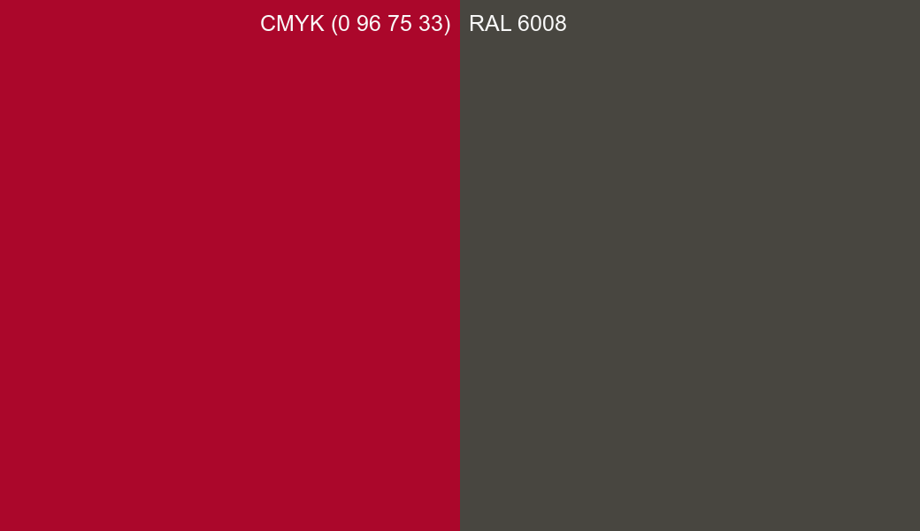 CMYK Color CMYK (0 96 75 33) vs RAL 6008 side by side comparison CMYK Color CMYK (0 96 75 33) vs RAL 6008 side by side comparison