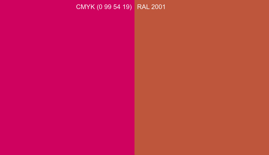 CMYK Color CMYK (0 99 54 19) vs RAL 2001 side by side comparison CMYK Color CMYK (0 99 54 19) vs RAL 2001 side by side comparison