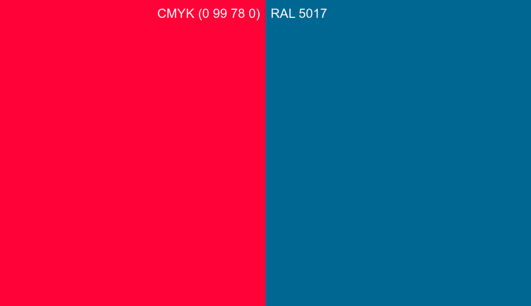 CMYK Color CMYK (0 99 78 0) vs RAL 5017 side by side comparison CMYK Color CMYK (0 99 78 0) vs RAL 5017 side by side comparison