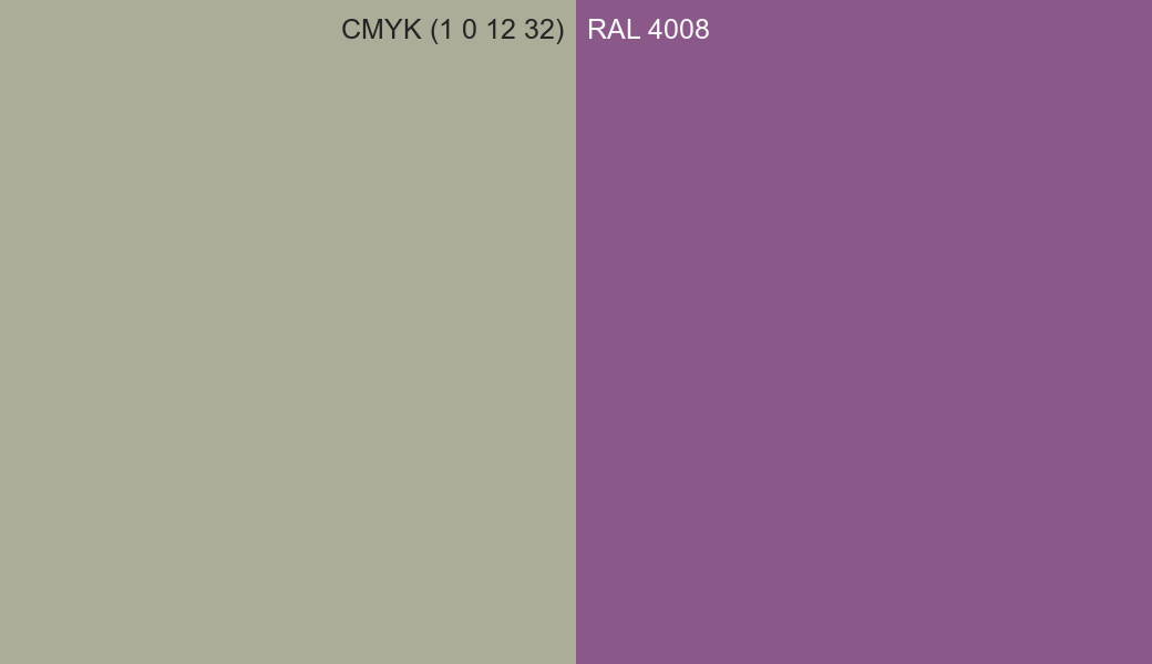 CMYK Color CMYK (1 0 12 32) vs RAL 4008 side by side comparison CMYK Color CMYK (1 0 12 32) vs RAL 4008 side by side comparison