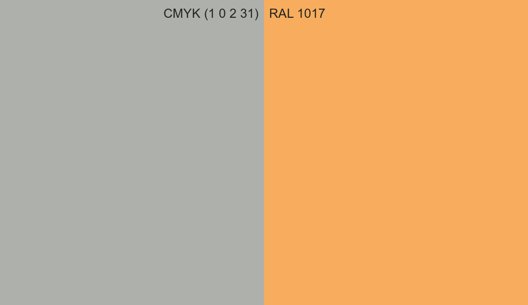 CMYK Color CMYK (1 0 2 31) vs RAL 1017 side by side comparison CMYK Color CMYK (1 0 2 31) vs RAL 1017 side by side comparison
