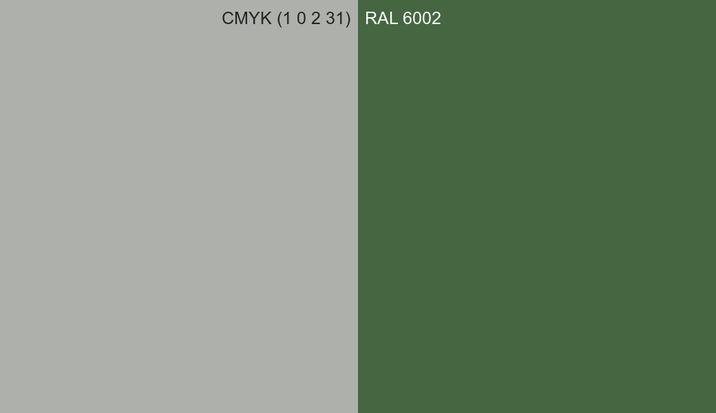 CMYK Color CMYK (1 0 2 31) vs RAL 6002 side by side comparison CMYK Color CMYK (1 0 2 31) vs RAL 6002 side by side comparison
