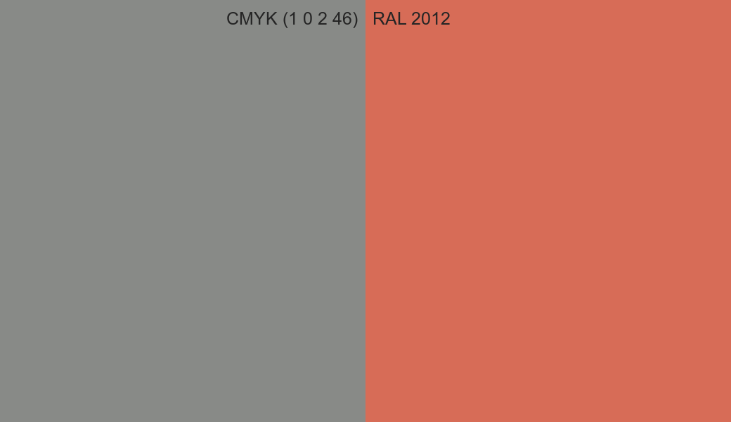 CMYK Color CMYK (1 0 2 46) vs RAL 2012 side by side comparison CMYK Color CMYK (1 0 2 46) vs RAL 2012 side by side comparison