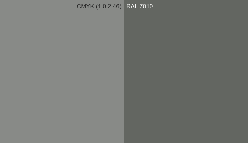 CMYK Color CMYK (1 0 2 46) vs RAL 7010 side by side comparison CMYK Color CMYK (1 0 2 46) vs RAL 7010 side by side comparison
