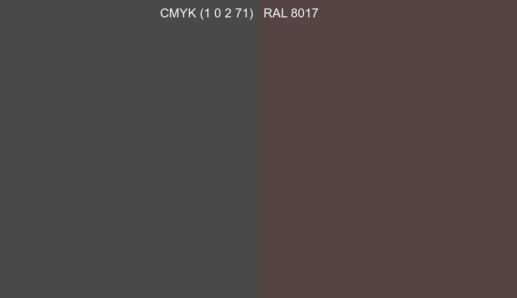 CMYK Color CMYK (1 0 2 71) vs RAL 8017 side by side comparison CMYK Color CMYK (1 0 2 71) vs RAL 8017 side by side comparison
