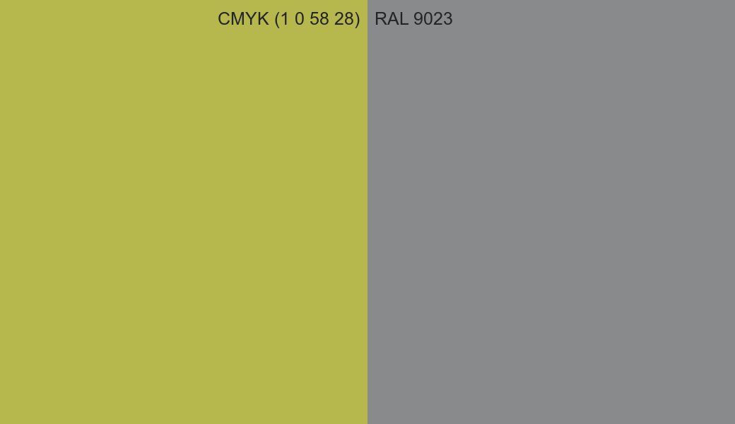 CMYK Color CMYK (1 0 58 28) vs RAL 9023 side by side comparison CMYK Color CMYK (1 0 58 28) vs RAL 9023 side by side comparison