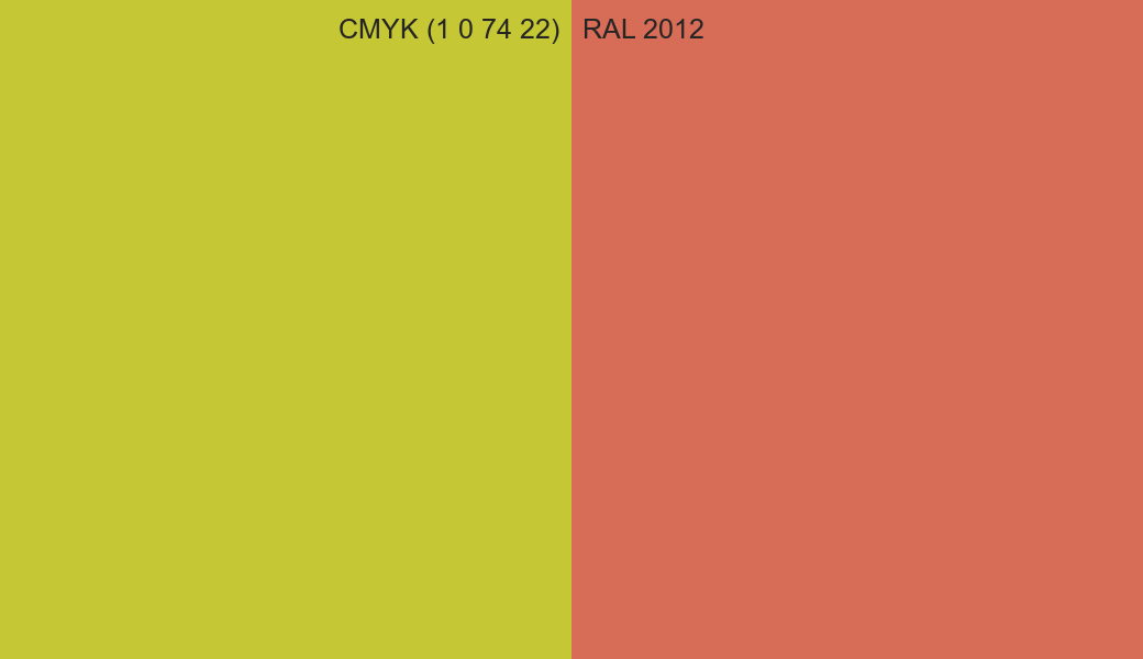 CMYK Color CMYK (1 0 74 22) vs RAL 2012 side by side comparison CMYK Color CMYK (1 0 74 22) vs RAL 2012 side by side comparison
