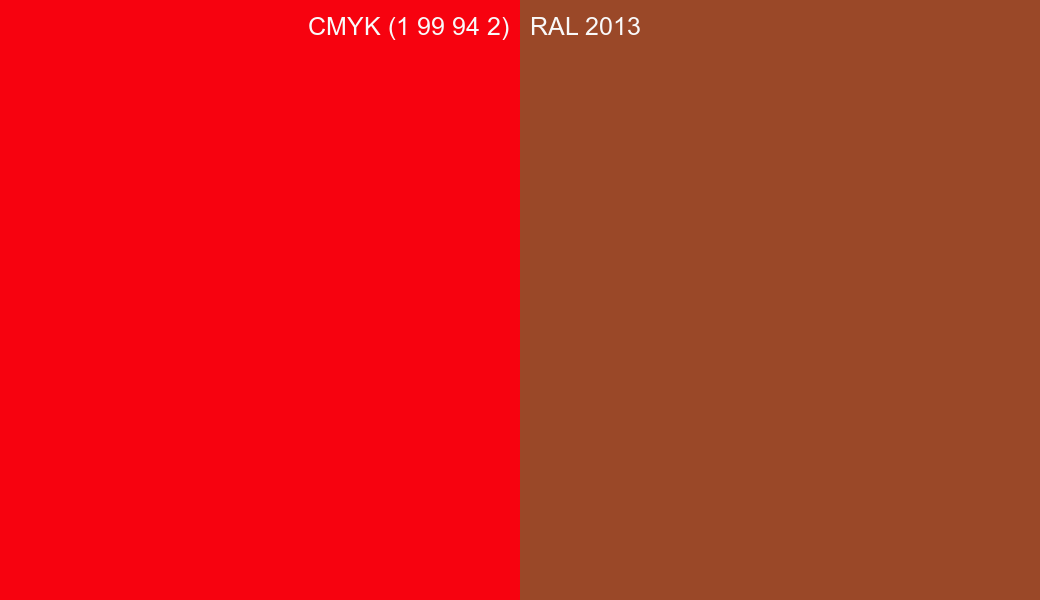 CMYK Color CMYK (1 99 94 2) vs RAL 2013 side by side comparison CMYK Color CMYK (1 99 94 2) vs RAL 2013 side by side comparison