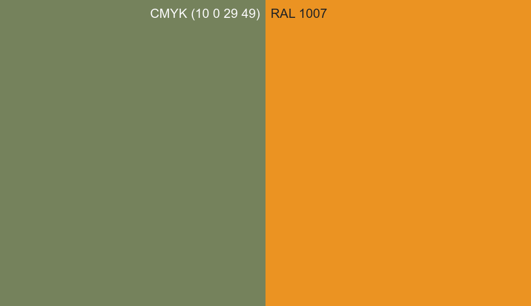 CMYK Color CMYK (10 0 29 49) vs RAL 1007 side by side comparison CMYK Color CMYK (10 0 29 49) vs RAL 1007 side by side comparison