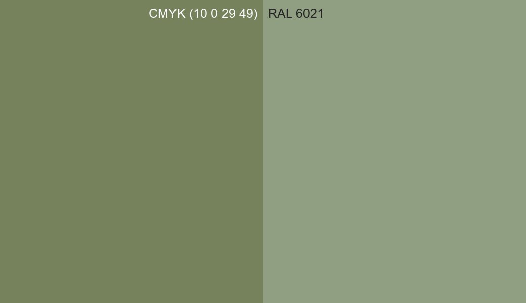 CMYK Color CMYK (10 0 29 49) vs RAL 6021 side by side comparison CMYK Color CMYK (10 0 29 49) vs RAL 6021 side by side comparison