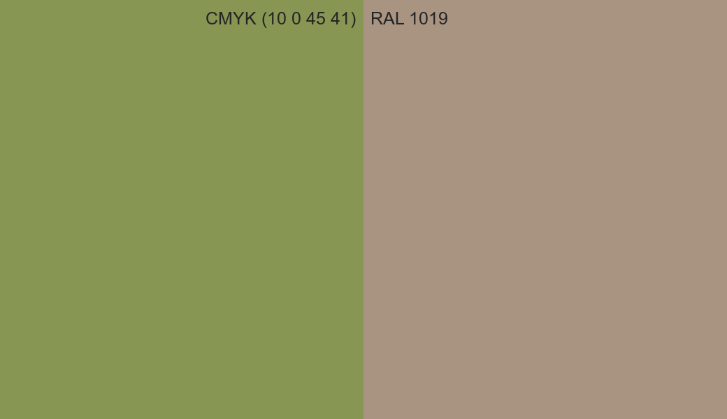 CMYK Color CMYK (10 0 45 41) vs RAL 1019 side by side comparison CMYK Color CMYK (10 0 45 41) vs RAL 1019 side by side comparison