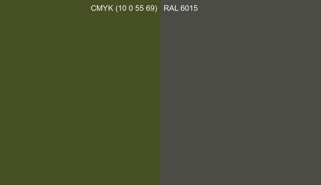 CMYK Color CMYK (10 0 55 69) vs RAL 6015 side by side comparison CMYK Color CMYK (10 0 55 69) vs RAL 6015 side by side comparison