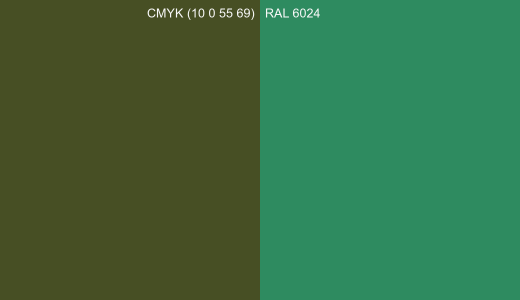 CMYK Color CMYK (10 0 55 69) vs RAL 6024 side by side comparison CMYK Color CMYK (10 0 55 69) vs RAL 6024 side by side comparison