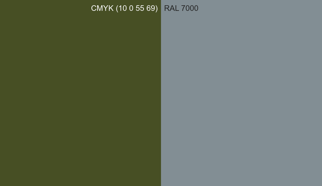 CMYK Color CMYK (10 0 55 69) vs RAL 7000 side by side comparison CMYK Color CMYK (10 0 55 69) vs RAL 7000 side by side comparison