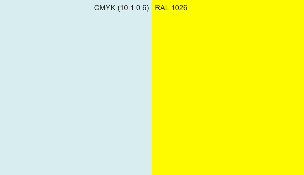 CMYK Color CMYK (10 1 0 6) vs RAL 1026 side by side comparison CMYK Color CMYK (10 1 0 6) vs RAL 1026 side by side comparison