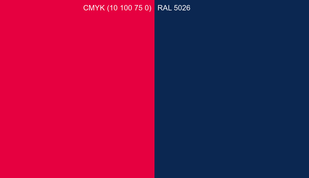CMYK Color CMYK (10 100 75 0) vs RAL 5026 side by side comparison CMYK Color CMYK (10 100 75 0) vs RAL 5026 side by side comparison