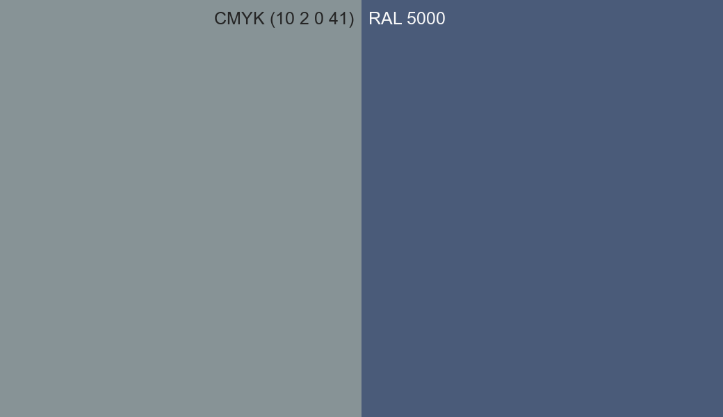 CMYK Color CMYK (10 2 0 41) vs RAL 5000 side by side comparison CMYK Color CMYK (10 2 0 41) vs RAL 5000 side by side comparison