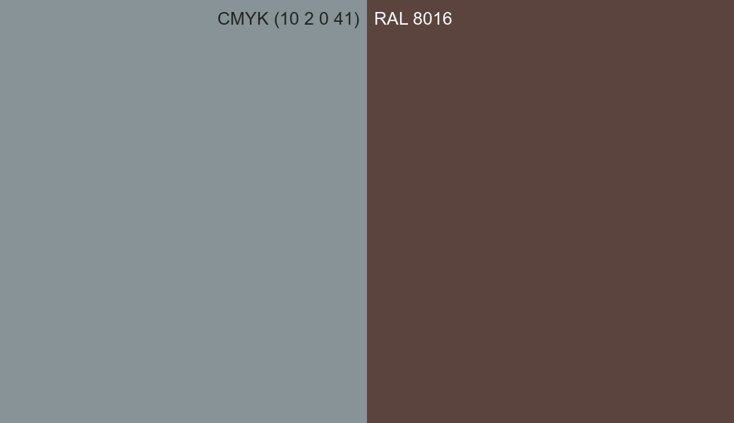 CMYK Color CMYK (10 2 0 41) vs RAL 8016 side by side comparison CMYK Color CMYK (10 2 0 41) vs RAL 8016 side by side comparison