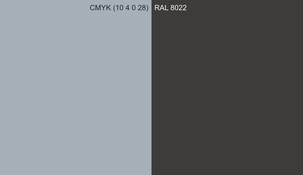 CMYK Color CMYK (10 4 0 28) vs RAL 8022 side by side comparison CMYK Color CMYK (10 4 0 28) vs RAL 8022 side by side comparison