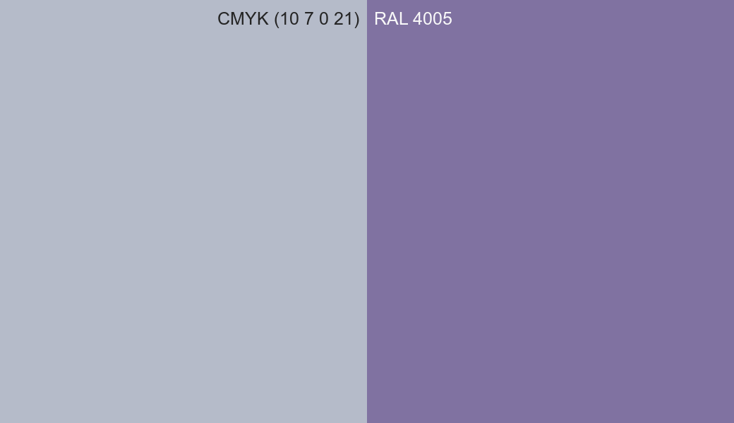CMYK Color CMYK (10 7 0 21) vs RAL 4005 side by side comparison CMYK Color CMYK (10 7 0 21) vs RAL 4005 side by side comparison