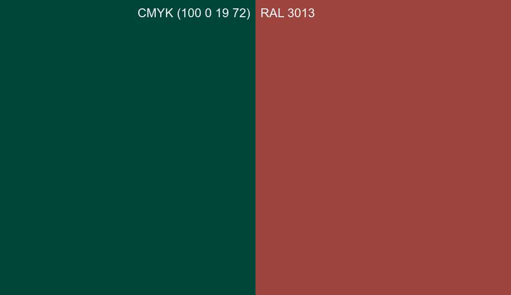 CMYK Color CMYK (100 0 19 72) vs RAL 3013 side by side comparison CMYK Color CMYK (100 0 19 72) vs RAL 3013 side by side comparison