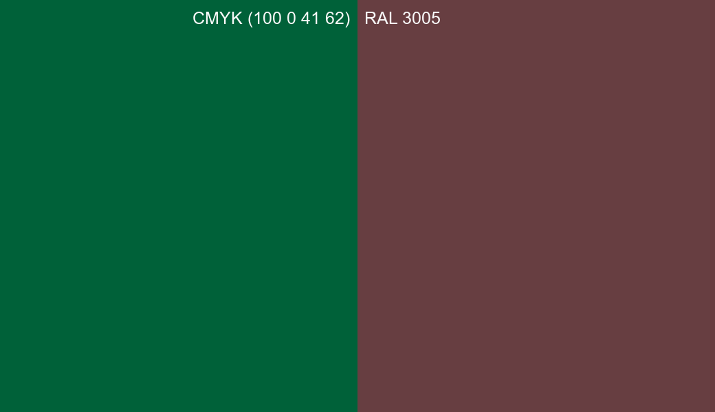 CMYK Color CMYK (100 0 41 62) vs RAL 3005 side by side comparison CMYK Color CMYK (100 0 41 62) vs RAL 3005 side by side comparison