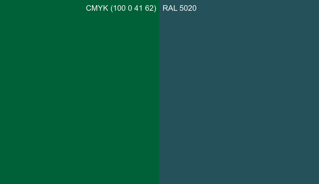 CMYK Color CMYK (100 0 41 62) vs RAL 5020 side by side comparison CMYK Color CMYK (100 0 41 62) vs RAL 5020 side by side comparison