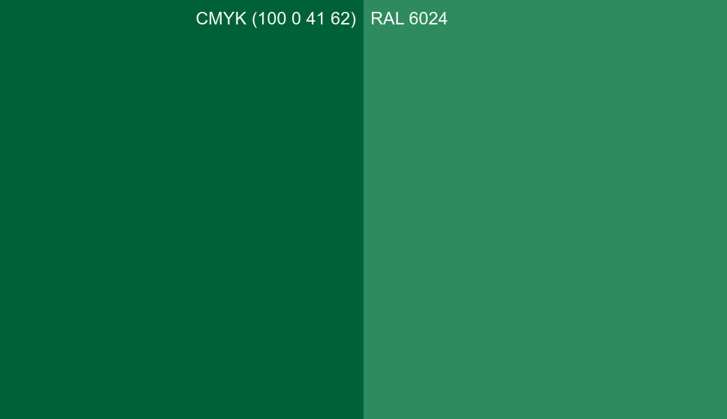 CMYK Color CMYK (100 0 41 62) vs RAL 6024 side by side comparison CMYK Color CMYK (100 0 41 62) vs RAL 6024 side by side comparison