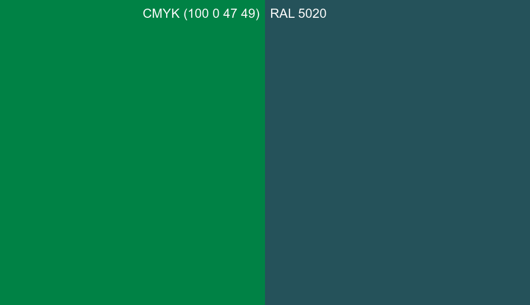 CMYK Color CMYK (100 0 47 49) vs RAL 5020 side by side comparison CMYK Color CMYK (100 0 47 49) vs RAL 5020 side by side comparison