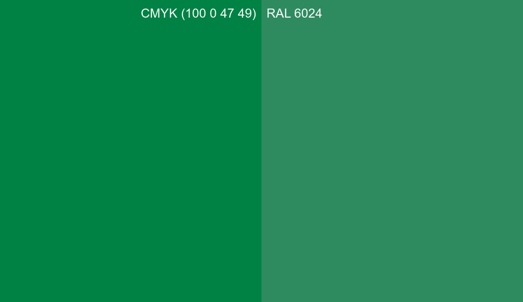 CMYK Color CMYK (100 0 47 49) vs RAL 6024 side by side comparison CMYK Color CMYK (100 0 47 49) vs RAL 6024 side by side comparison