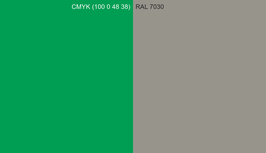 CMYK Color CMYK (100 0 48 38) vs RAL 7030 side by side comparison CMYK Color CMYK (100 0 48 38) vs RAL 7030 side by side comparison
