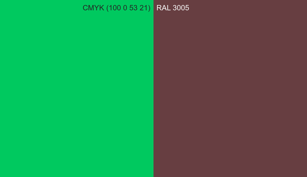CMYK Color CMYK (100 0 53 21) vs RAL 3005 side by side comparison CMYK Color CMYK (100 0 53 21) vs RAL 3005 side by side comparison