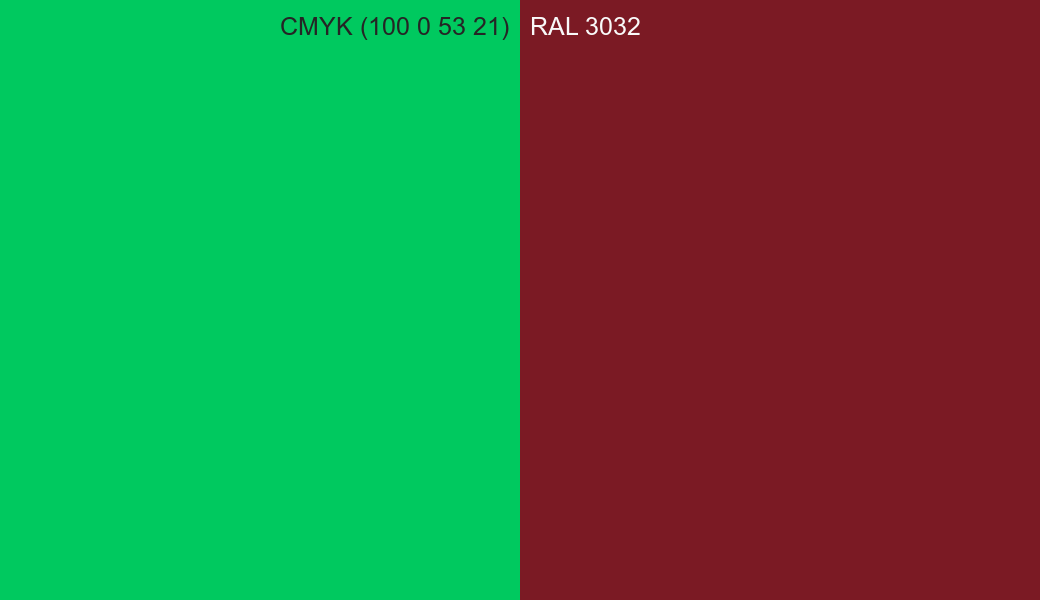CMYK Color CMYK (100 0 53 21) vs RAL 3032 side by side comparison CMYK Color CMYK (100 0 53 21) vs RAL 3032 side by side comparison