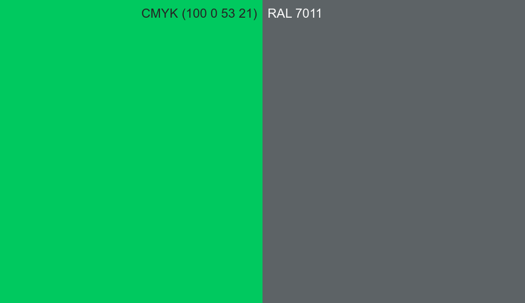 CMYK Color CMYK (100 0 53 21) vs RAL 7011 side by side comparison CMYK Color CMYK (100 0 53 21) vs RAL 7011 side by side comparison