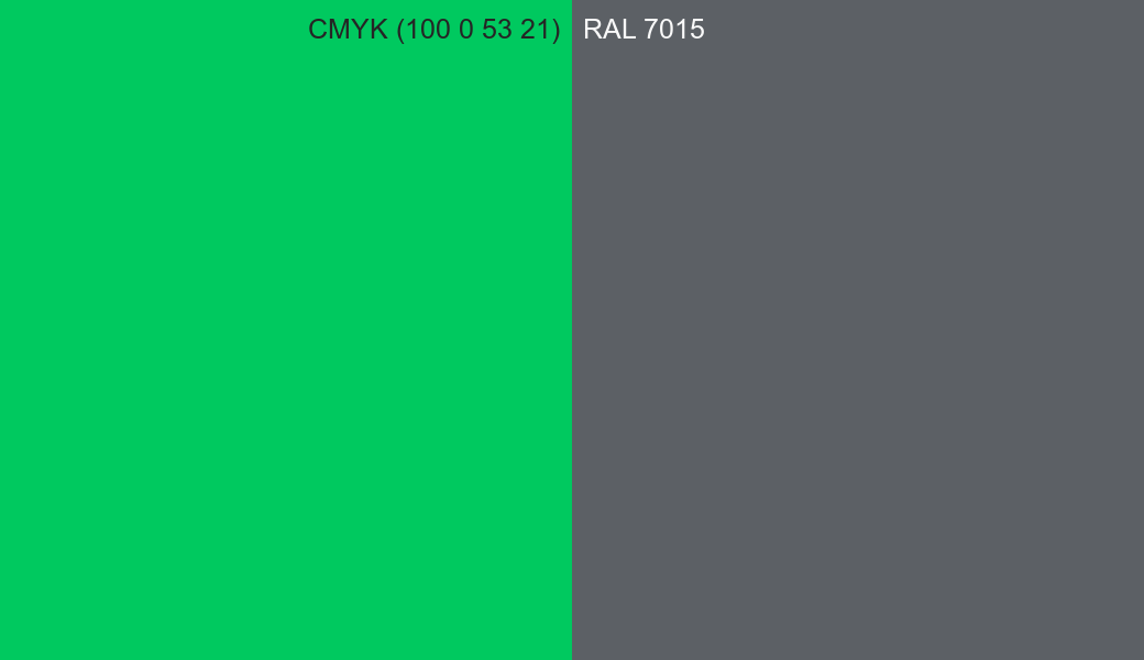 CMYK Color CMYK (100 0 53 21) vs RAL 7015 side by side comparison CMYK Color CMYK (100 0 53 21) vs RAL 7015 side by side comparison