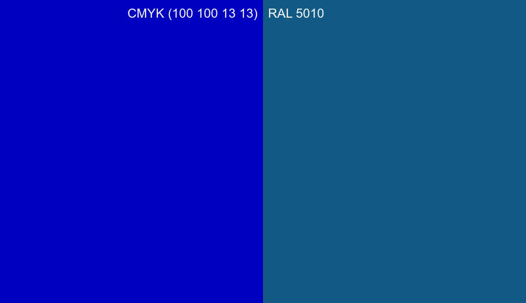 CMYK Color CMYK (100 100 13 13) vs RAL 5010 side by side comparison CMYK Color CMYK (100 100 13 13) vs RAL 5010 side by side comparison
