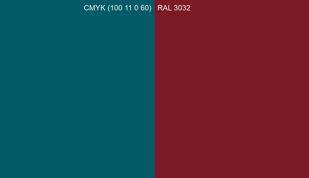 CMYK Color CMYK (100 11 0 60) vs RAL 3032 side by side comparison CMYK Color CMYK (100 11 0 60) vs RAL 3032 side by side comparison