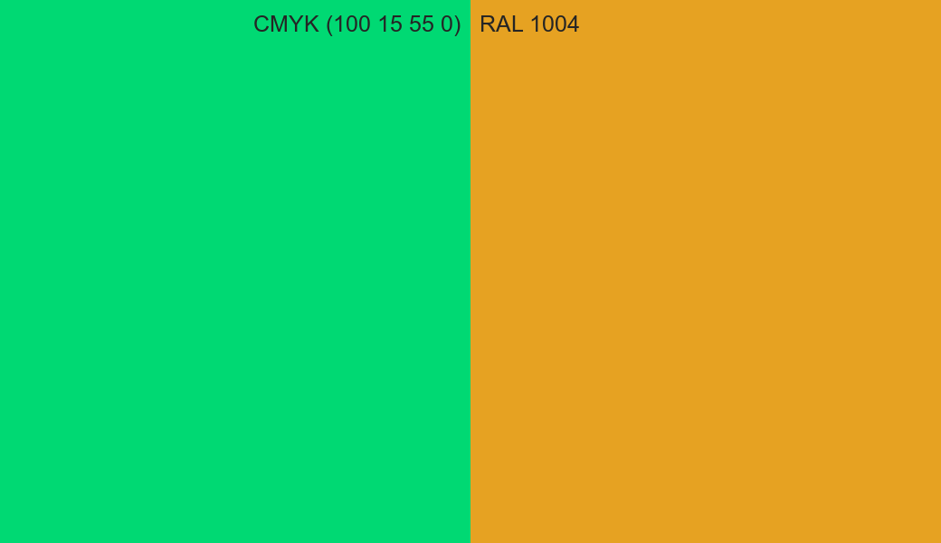 CMYK Color CMYK (100 15 55 0) vs RAL 1004 side by side comparison CMYK Color CMYK (100 15 55 0) vs RAL 1004 side by side comparison