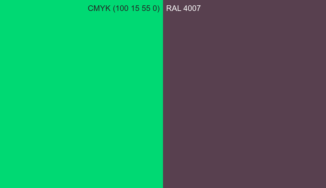 CMYK Color CMYK (100 15 55 0) vs RAL 4007 side by side comparison CMYK Color CMYK (100 15 55 0) vs RAL 4007 side by side comparison