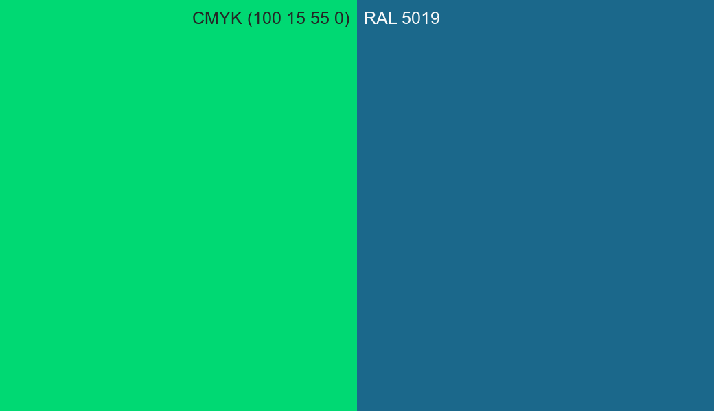CMYK Color CMYK (100 15 55 0) vs RAL 5019 side by side comparison CMYK Color CMYK (100 15 55 0) vs RAL 5019 side by side comparison