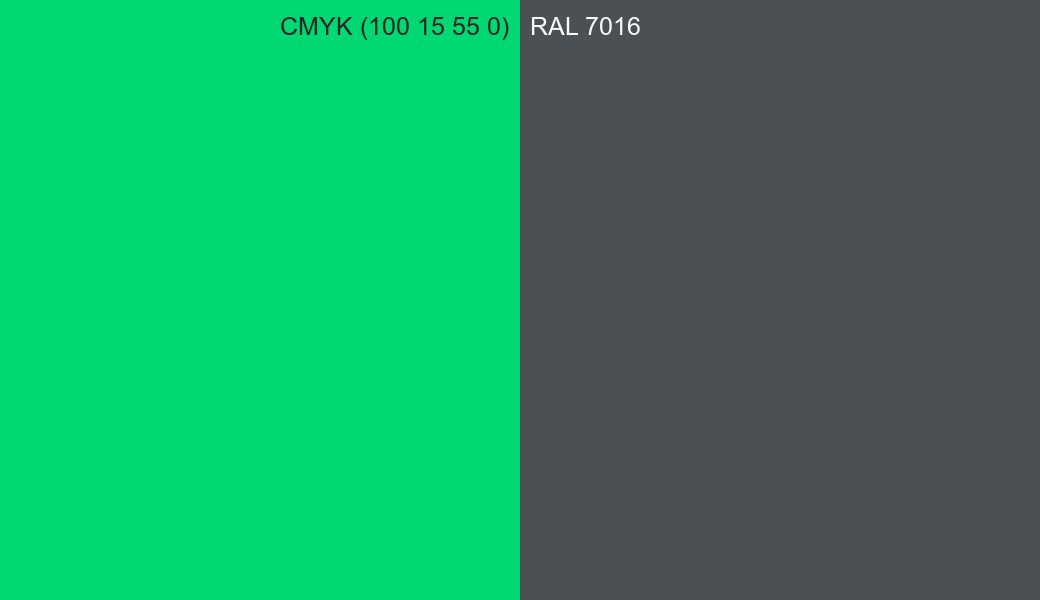CMYK Color CMYK (100 15 55 0) vs RAL 7016 side by side comparison CMYK Color CMYK (100 15 55 0) vs RAL 7016 side by side comparison