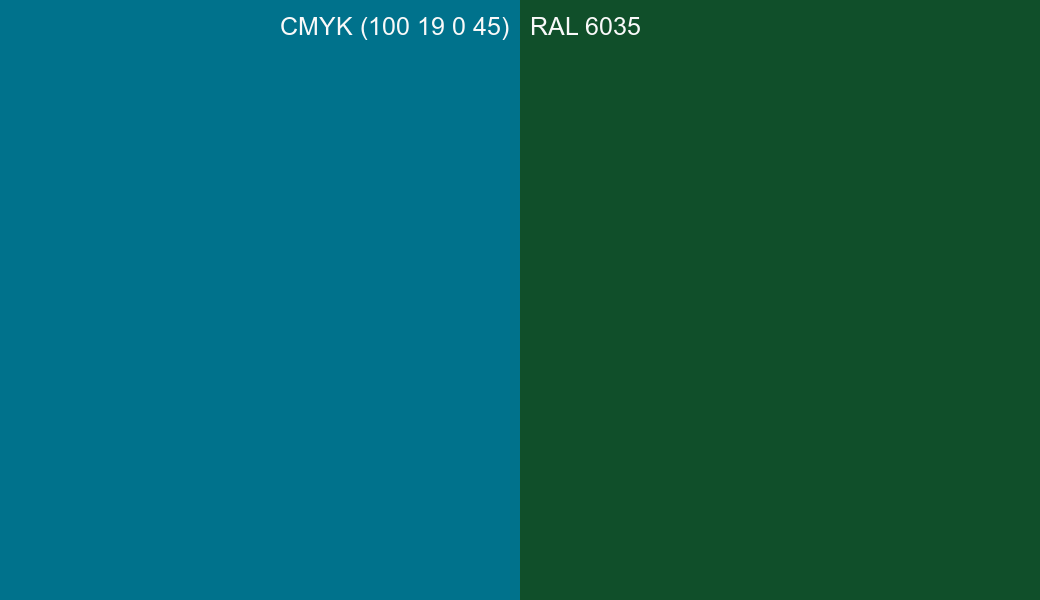 CMYK Color CMYK (100 19 0 45) vs RAL 6035 side by side comparison CMYK Color CMYK (100 19 0 45) vs RAL 6035 side by side comparison